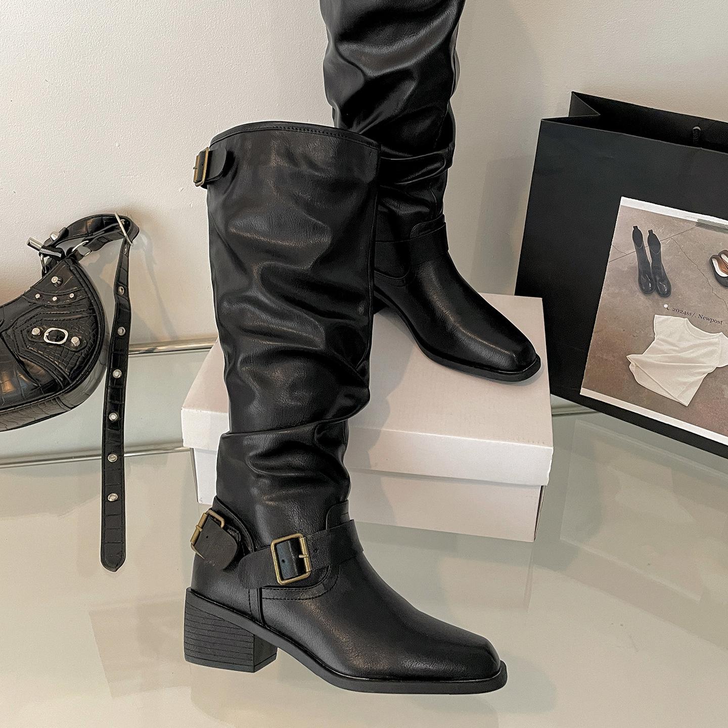 

White retro high-end thick-heeled boots children s boots 2025 new autumn with skirt thin knight boots 40 чорний
