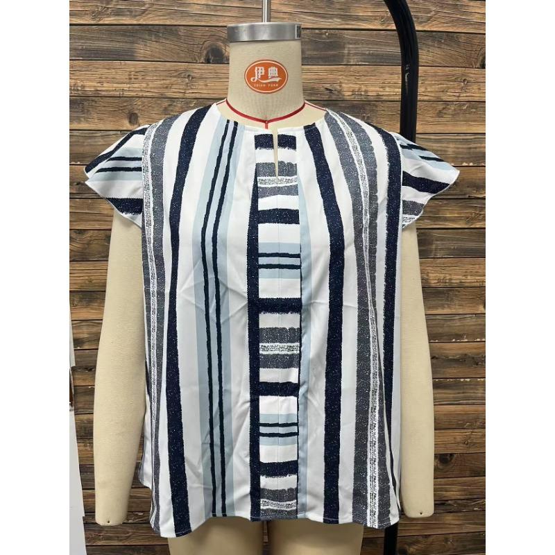 Women's Summer Top Color Stripes Patchwork Shirt Lotus Leaf Flying Sleeve Sleeve Shirt Top