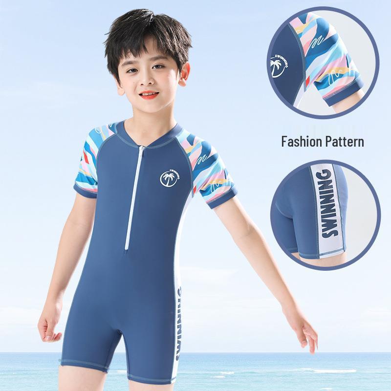 Korean Style Boys' One-Piece Swimsuit with Sun Protection - Quick Dry, Print Design for Kids (S, M, L)