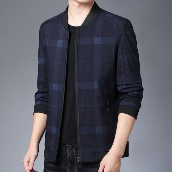 Men Coat Plaid Stand Collar Thin All Match Spring Jacket for Daily Wear