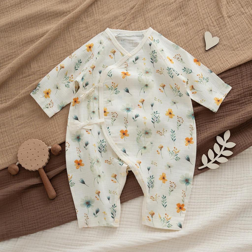 Ultra-Thin Cotton Baby Jumpsuit with Belly Protection & Long Sleeves - Breathable, A-Class for Summer & Air-conditioned Spaces