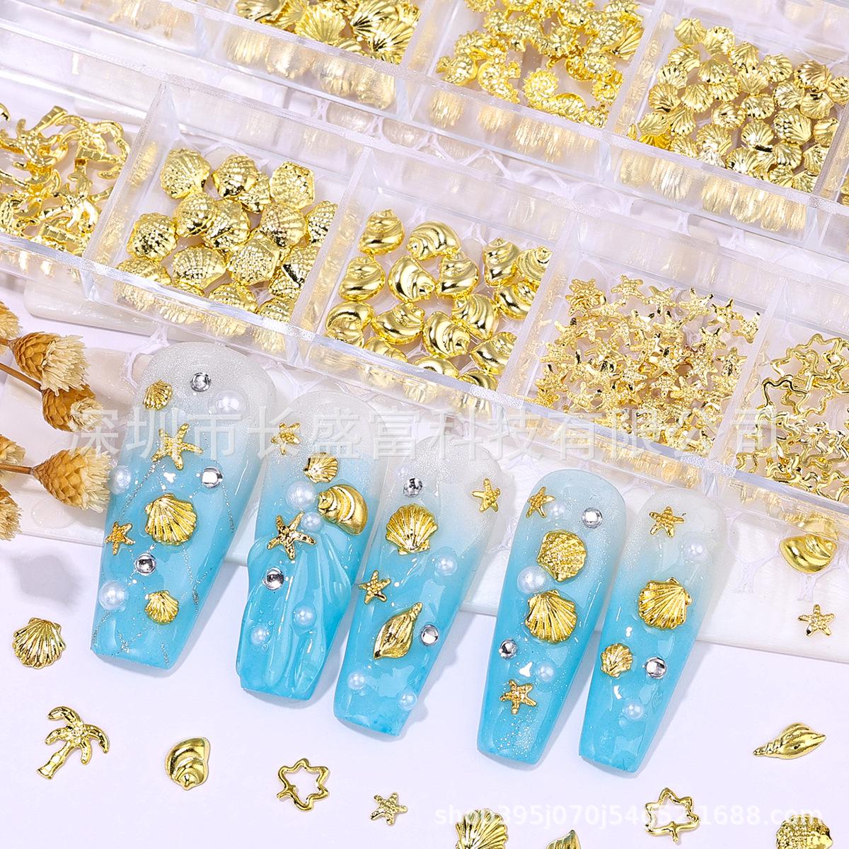 

12-Slot Ocean Nail Art Decor: Seahorse, Shell & Starfish Rivets
