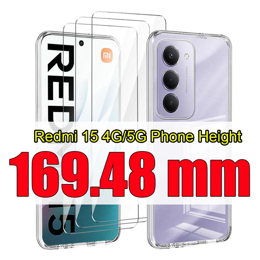 

[3 стекла + 1 чехол] 4-в-1 HD Прозрачный чехол для Redmi 15 4G/5G (6,9 дюйма) Ультратонкий чехол для телефона 15C 4G 5G + 3 шт. Закаленное стекло Мягкий ТПУ чехол Redmi 15 (Height 169mm) белый