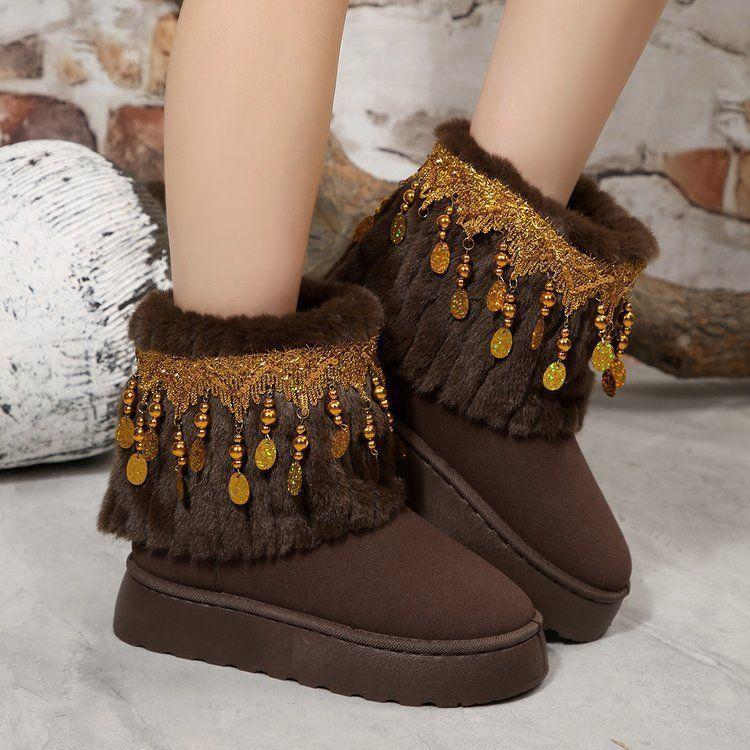 2025 Autumn and Winter New High-end Comfortable Versatile Snow Boots Niche Fringed Beaded Thick-soled Short Boots Children