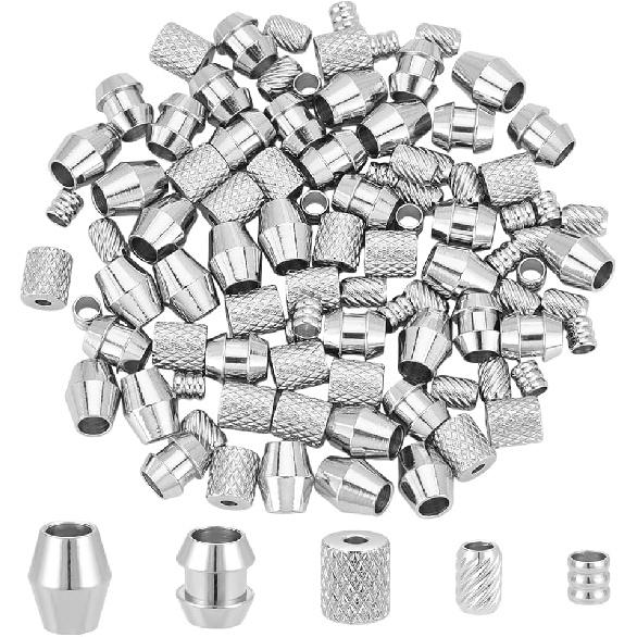 UNICRAFTALE 100Pcs 5 Styles Paracord Bead Grooved Column Beads Metal Lanyard Beads Column Spacer Beads Stainless Steel European Beads Bracelet Beads