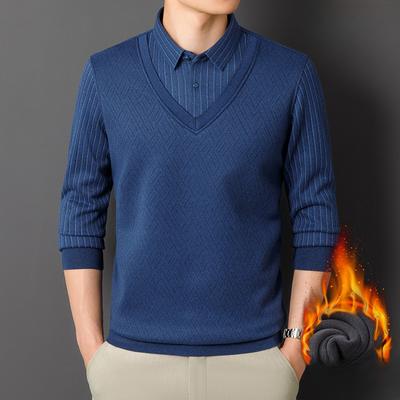 Hiver Homme Laine Contenant Soie Sans Couture Velours Épaissi Chaud Faux Deux Pièces V-forest Pull