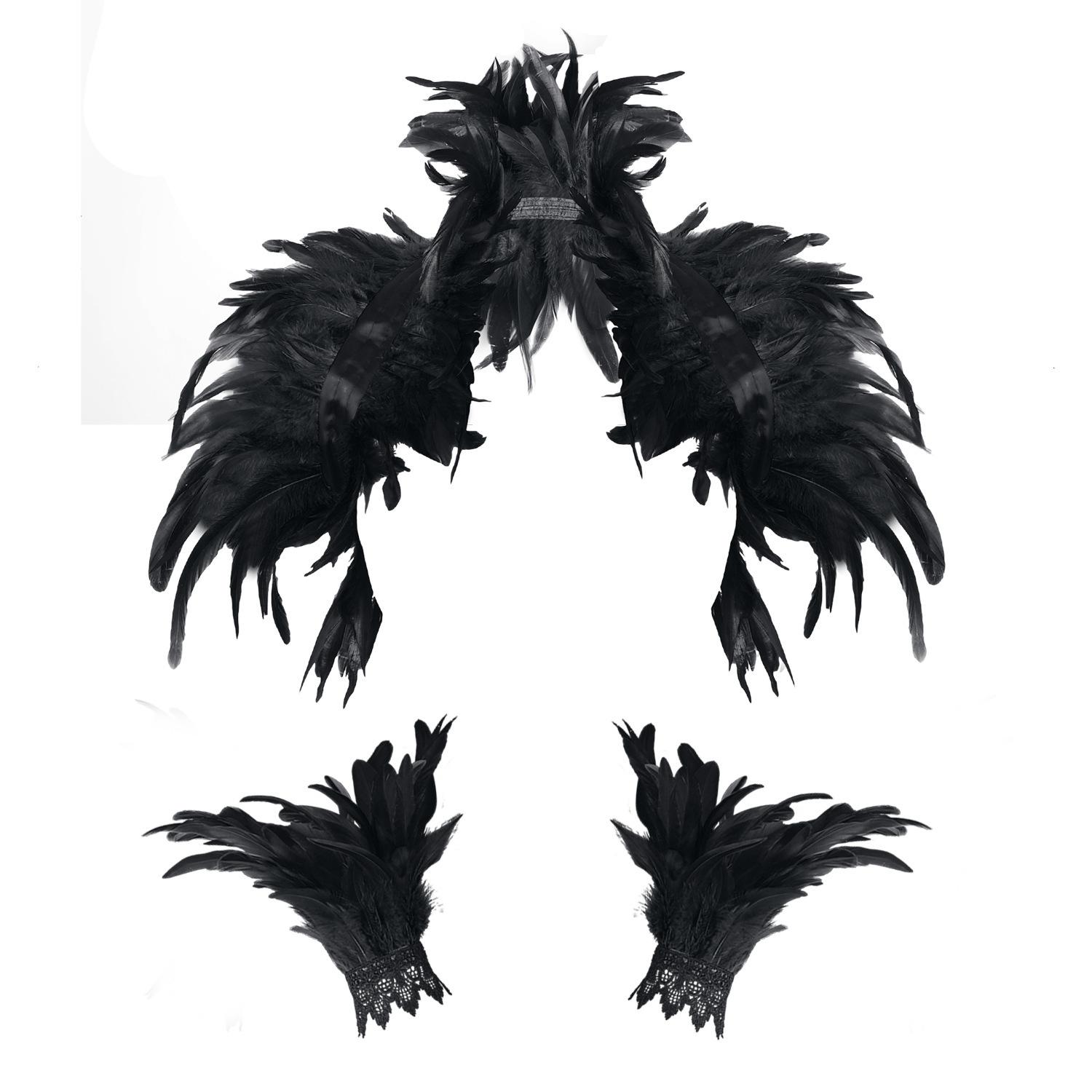 Punk Feather Shawl Wrist Cuff Set Halloween Party Costume Accessory Gothic Festival чёрный