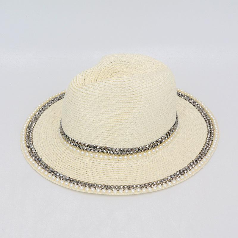 Woven Lafite Pearl Straw Hat British Style Hot Diamond Top Hat Outdoor Trend Sun Protection Big Brim Sun Hat