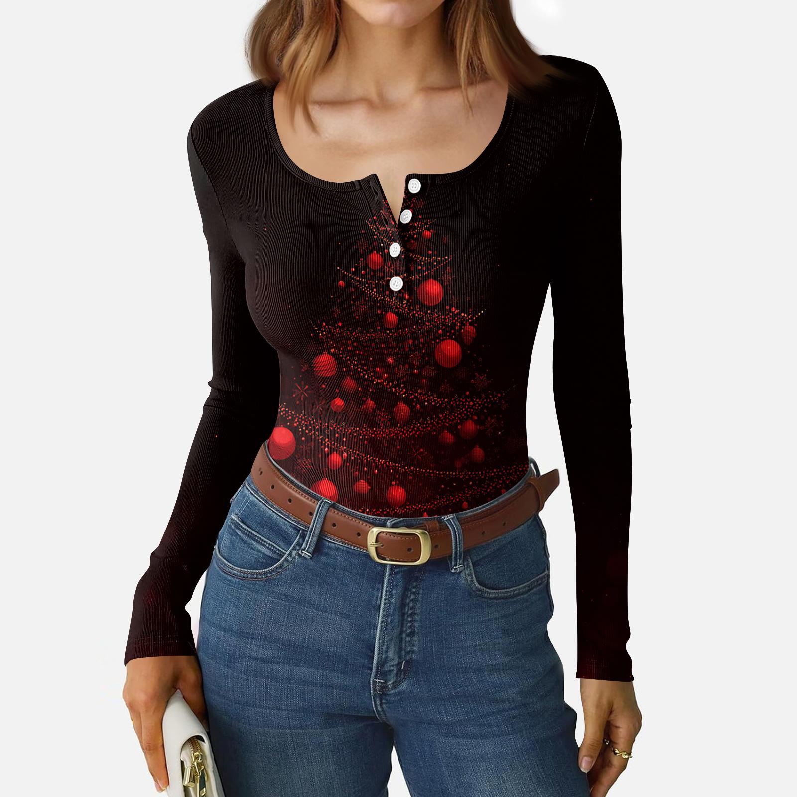 

Women s Casual Fashion Christmas Print Button Long Sleeve Top S