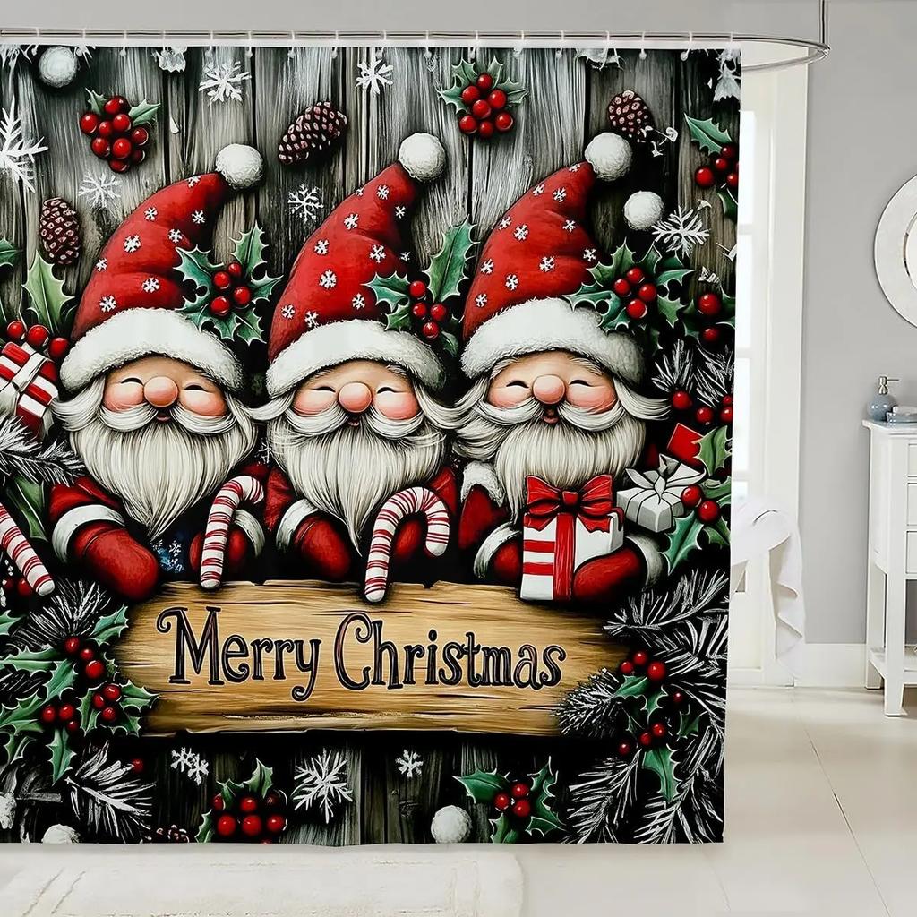 GAEChristmas Happy Santa Claus Shower Curtain Red Xmas Decorations Fabric Shower Curtain,White Snowflake Bathroom Shower Curta