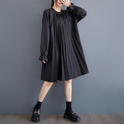 Long Sleeve Plus Size Black Cotton Vintage New In Dresses for Women Casual Loose Spring Autumn Midi Dress