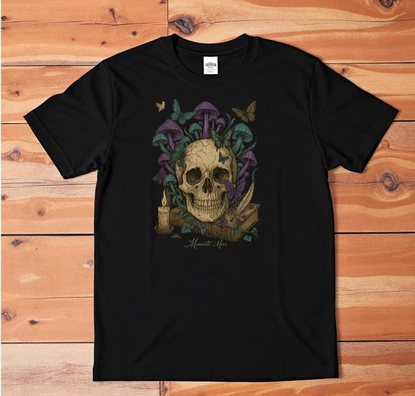 Memento Mori Skull T-Shirt Gothic Mushrooms Butterflies Dark Art Graphic Tee S