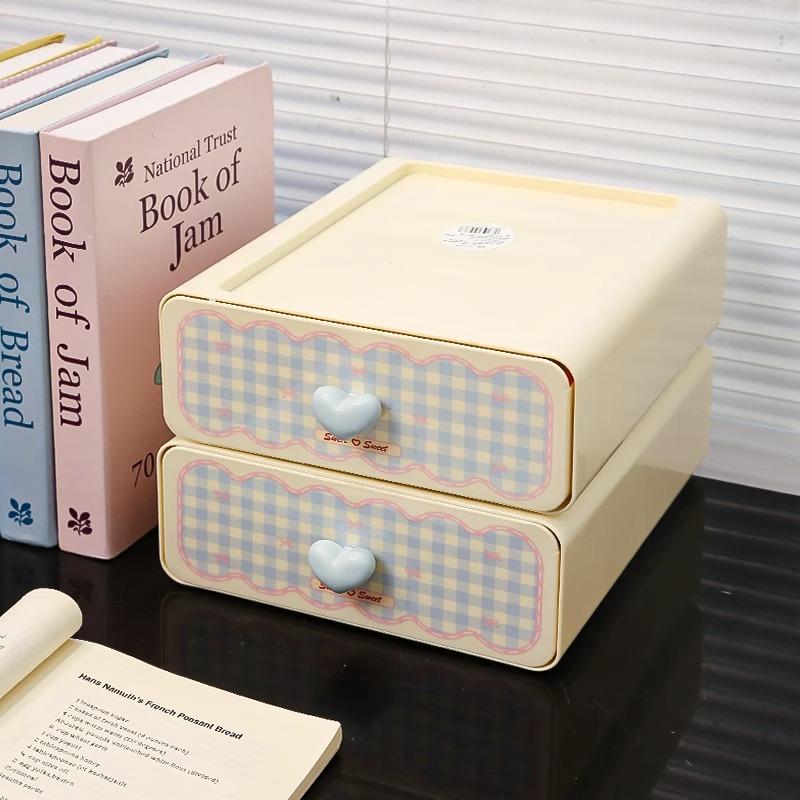 Kawaii Cream Stationery Storage Box Organizer Large Capacity Student Dormitory Sundries Cosmetic Drawer-style Storage Rack Stack