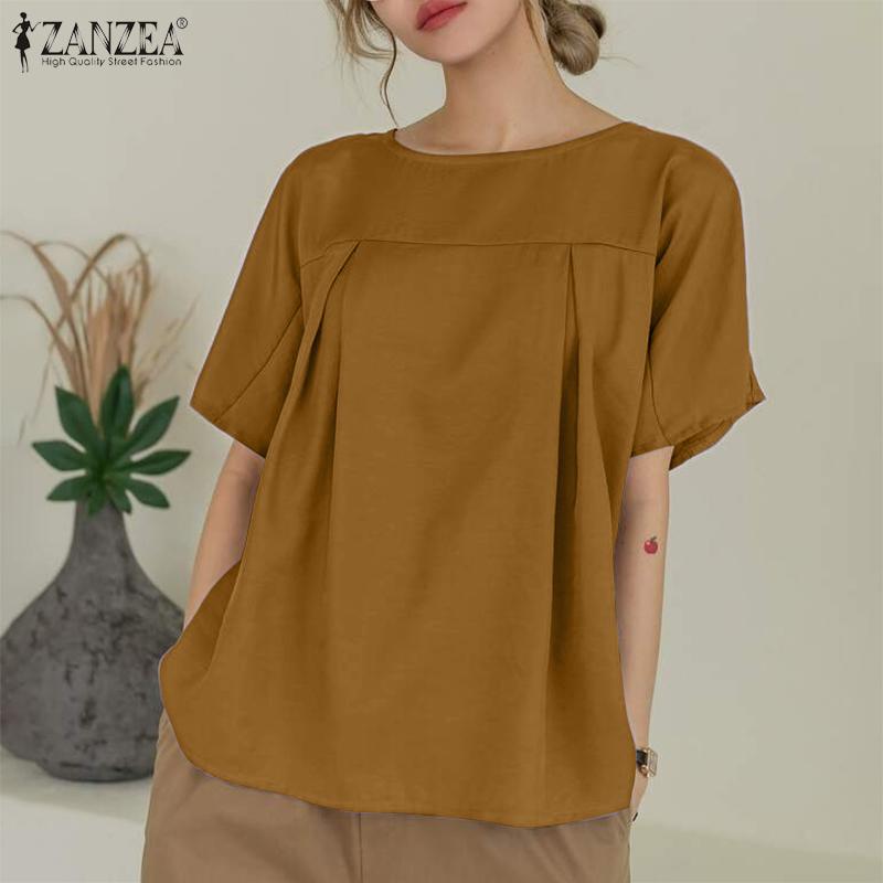 ZANZEA Damen Freizeit Rundhals Einfarbig Kurzarm Bluse