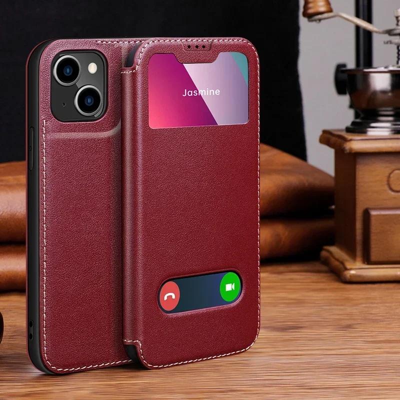 Pouzdro z pravé kůže s okénkem Smart View pro iPhone 16 Pro 17 Pro 15 14 13 12 11 XR XS Max 7 8 Plus SE 3 Magnetické Flipové Peněženkové Kryt