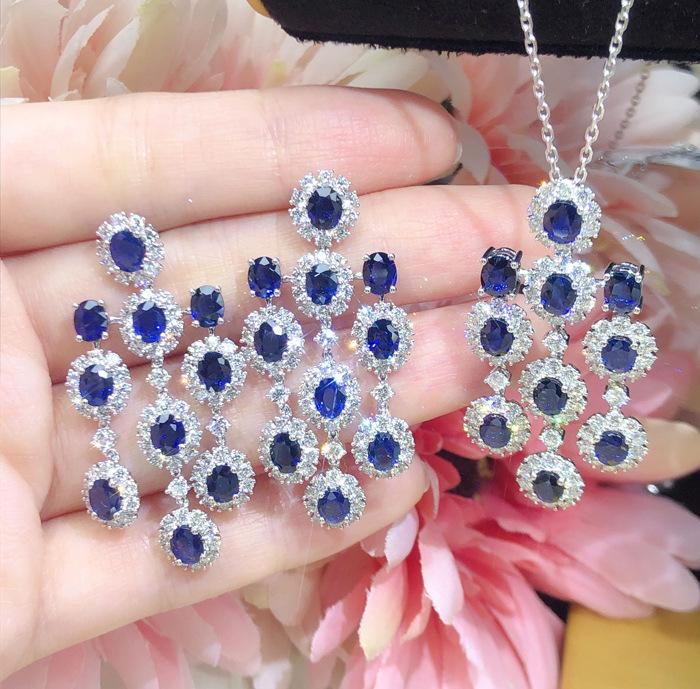 Luxury Blue Diamond Dangle Earrings & Royal Sapphire Necklace Set for Women