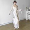 French Temperament Three-dimensional Flower Streamer Long-sleeved Dress Dress Women's Pure Lace Waist Thin Fishtail Dress
