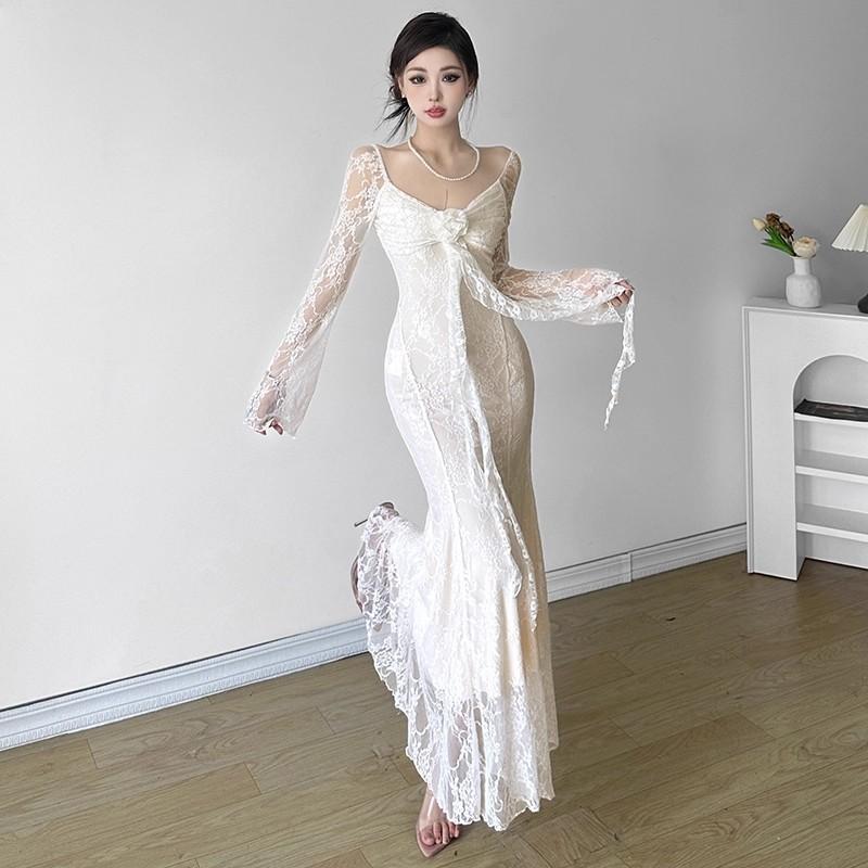 French Temperament Three-dimensional Flower Streamer Long-sleeved Dress Dress Women's Pure Lace Waist Thin Fishtail Dress