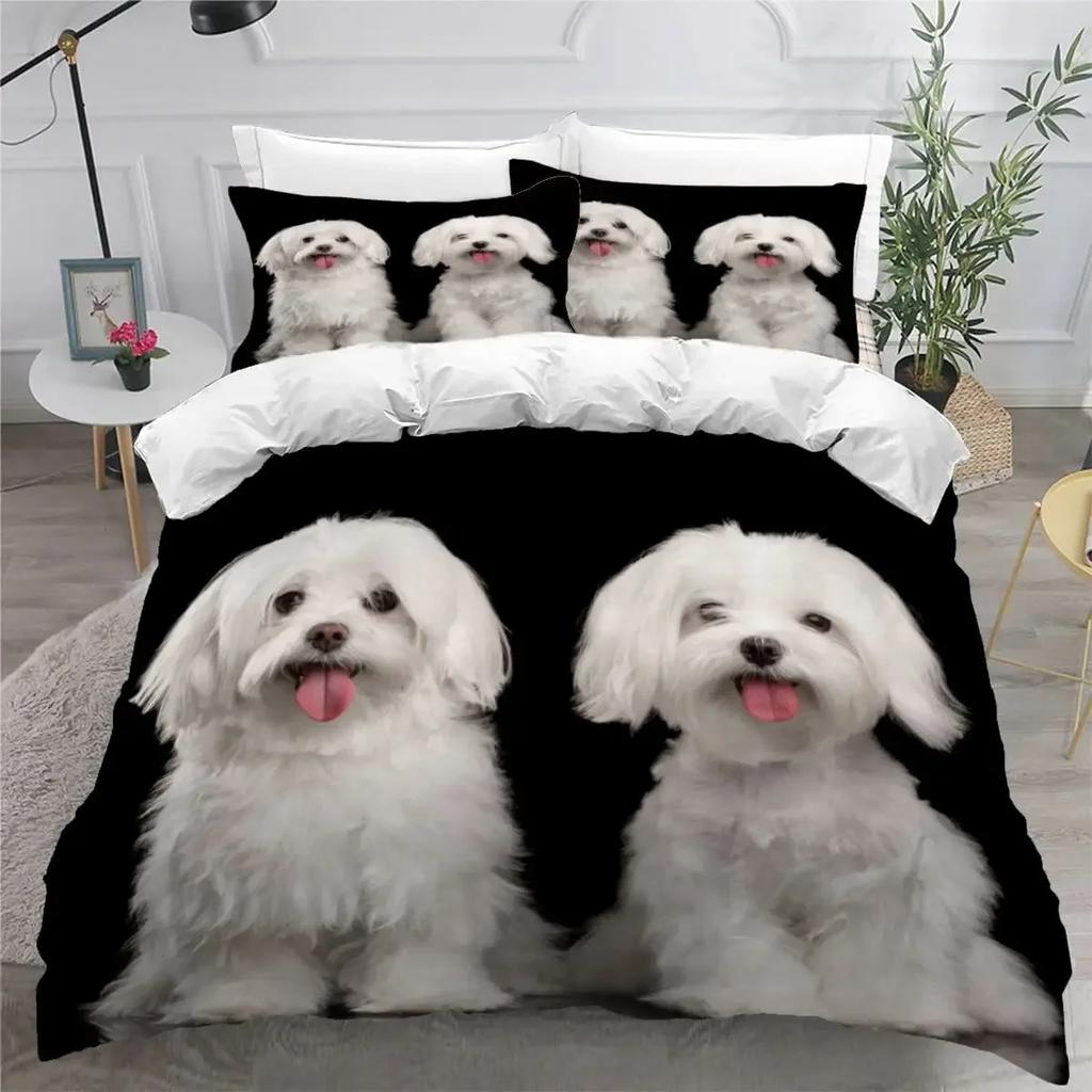 Sött Påslakanset med Maltesisk Hund Husdjur Hundar Tema Sängkläder Mikrofiber Kawaii Djur Täcke Överdrag Twin King För Barn Tonåringar