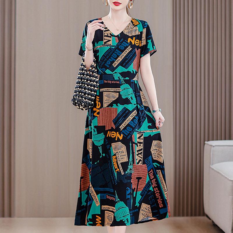 

Длинное платье с винтажным принтом для женщин, повседневное летнее платье больших размеров с коротким рукавом и поясом, одежда для женщин среднего возраста 5XL