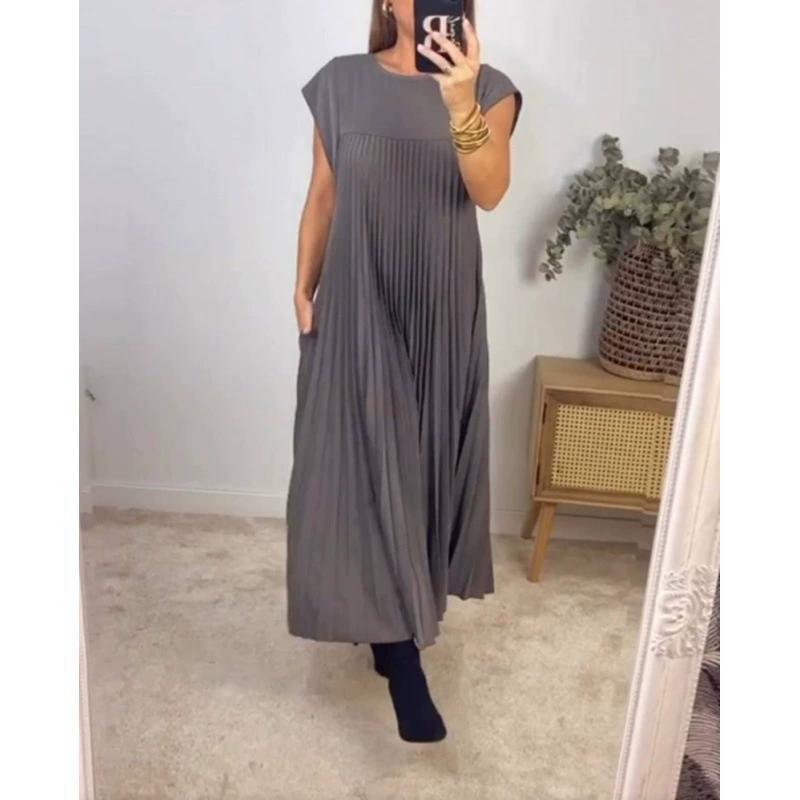 Autumn Dress Women's Elegant and Fashionable Round Neck Sleeveless Pleated Long Dress