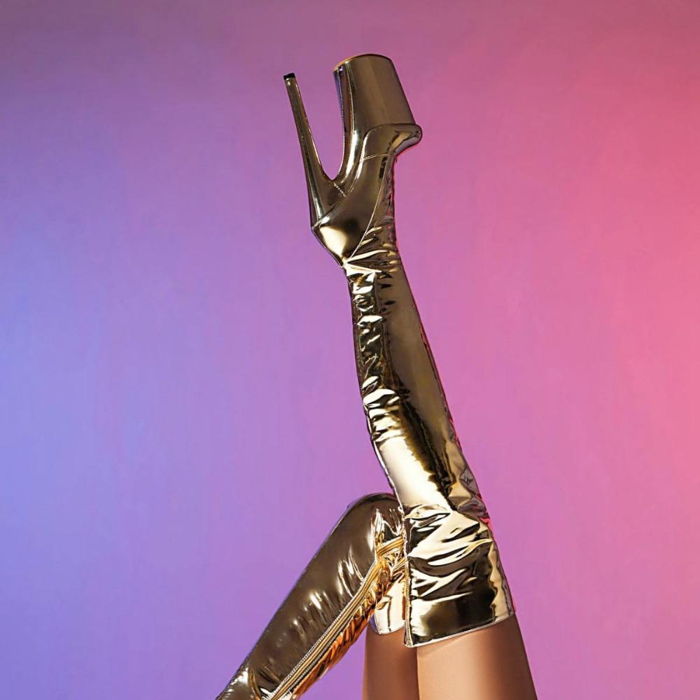 Sexy Women Over The Knee Boots 20cm Girls High Heel Pole Dance Shoes Triple Pleated Patent Leather Motorcycle Round Toe Zip Shoes Plus Size