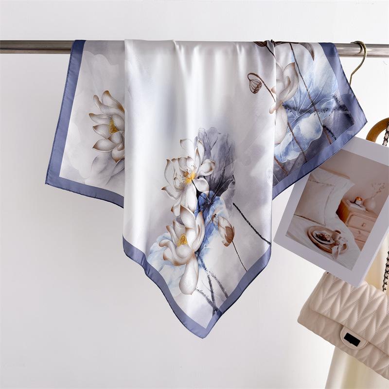 National Style Ink And Wash Lotus Print Silk Scarf Square Scarf High-End Shawl Versatile Neck Small Square Scarf Headscarf