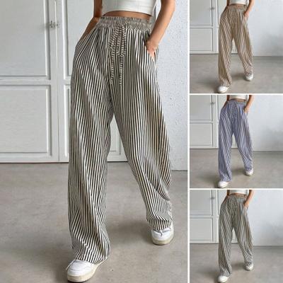 Women Pants Adjustable Drawstring Elastic Waist Mid-rise Long Trousers with Pockets Wide Leg Striped Print Casual Pants