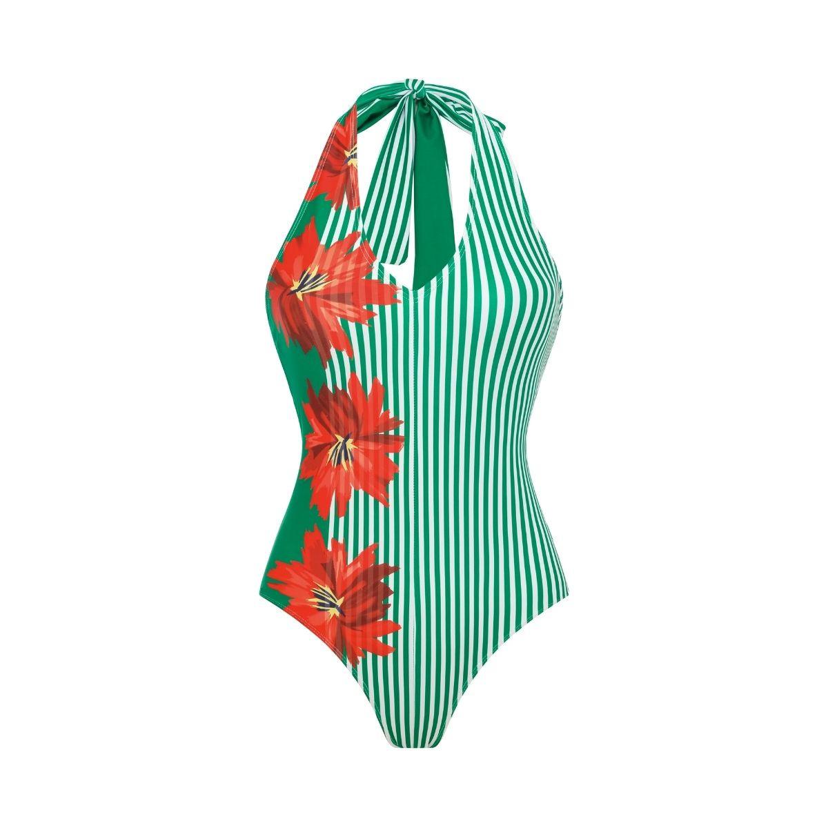 European and American swimwear highlights white-green swimwear for women, beach halter one-piece swimsuit S