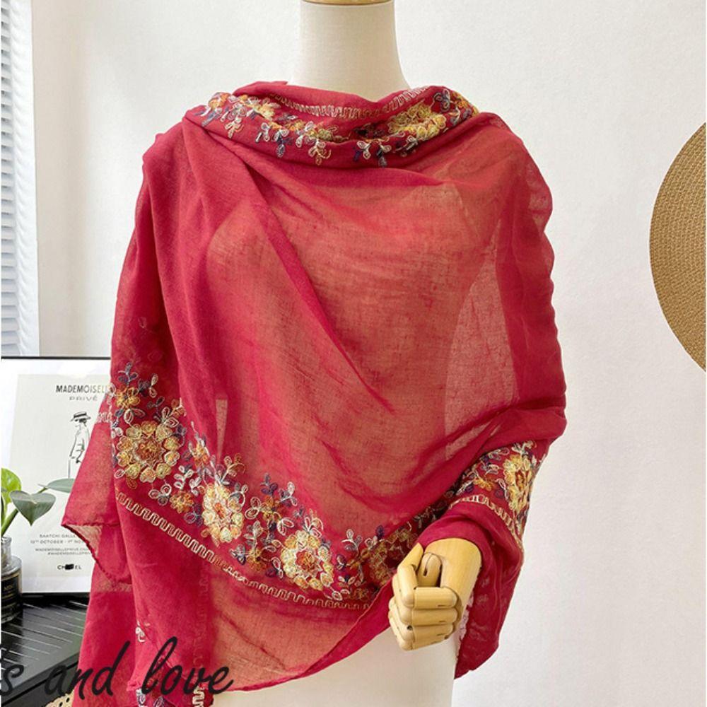 Cotton Linen Ethnic Style Scarf Printing Shawl Embroidery Flower Scarf Large Large Shawl  Student