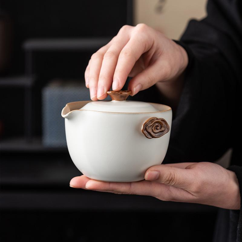 Tianqing Huang Ru Handmade Ru Kiln One Pot Two Cups Earth Silver Award High-end Ru Kiln Outdoor Kung Fu Tea Set Business Gifts