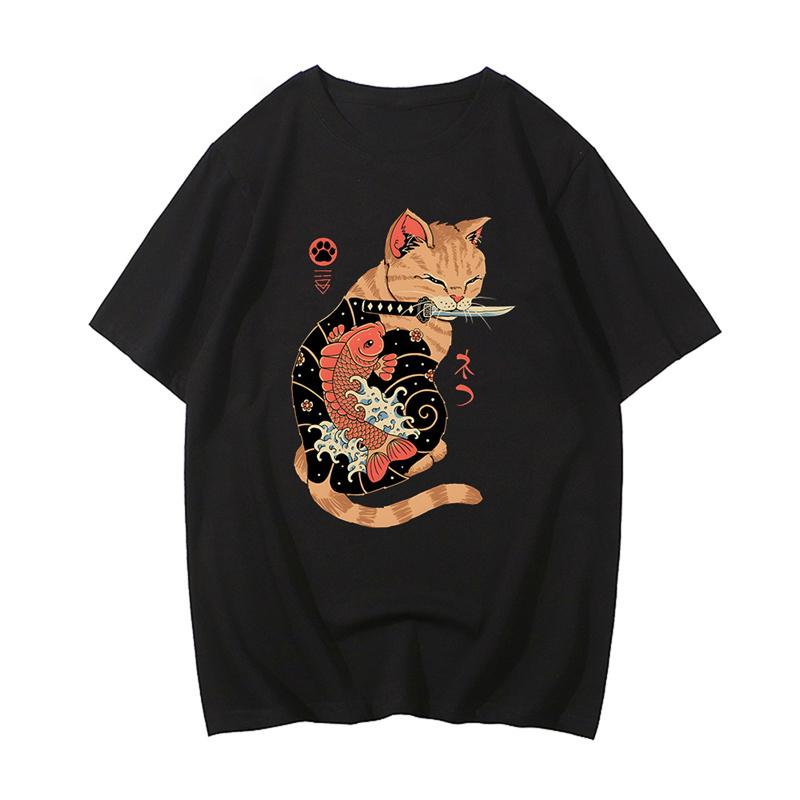 Samurai Cat Tshirt 100% Cotton T-shirt Mens Graphic T Shirt Summer Short Sleeve Tops Casual Tsh