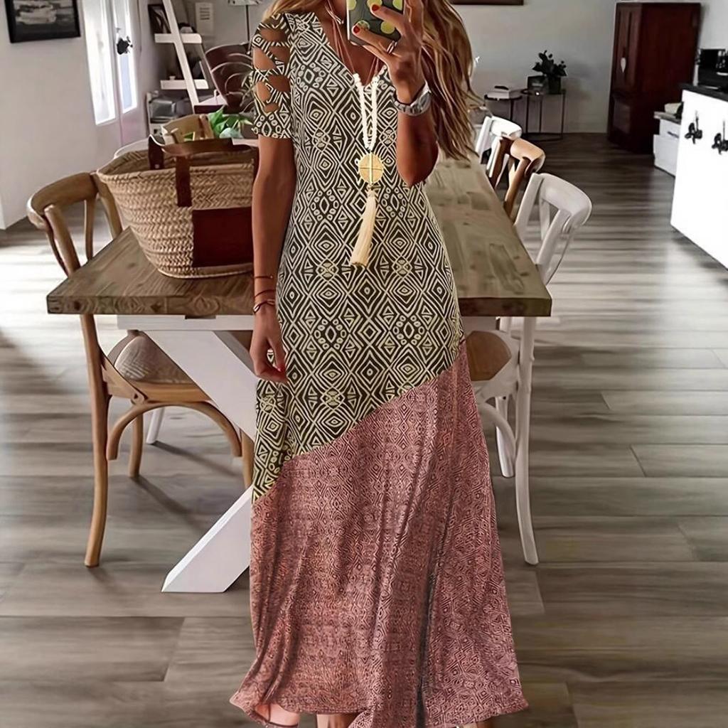 European and American women's clothing summer v-neck empty casual fashion printing, dress long dress