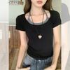 Academy style fake two-piece front shoulder short-sleeved T-shirt women's summer new slim-fitting and thin unique and beautiful small top