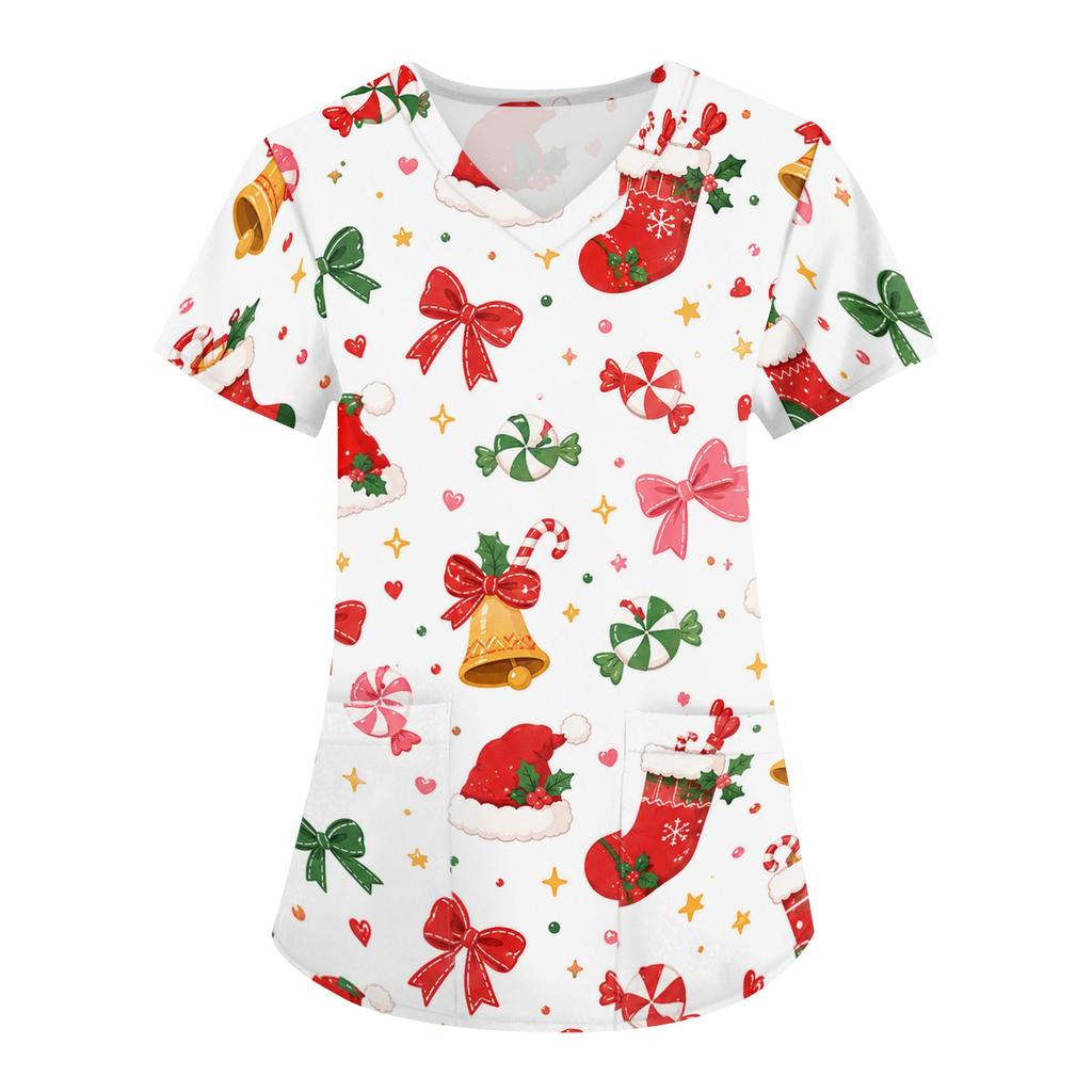 Women's Christmas Uniform V-Neck Short Sleeve Work Top for Caregiver