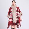Womens Oversized Plaid Knit Cape Shawl With Fleece Lining Fur Trim Hooded Wrap Coat Winter