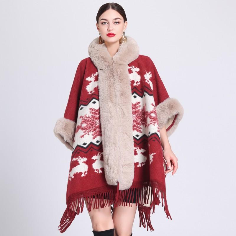 Womens Oversized Plaid Knit Cape Shawl With Fleece Lining Fur Trim Hooded Wrap Coat Winter