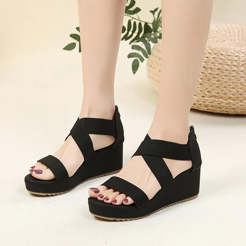 

Fashion New Wedge Sandals for Women 2025 Summer Fashion Cross-strap One Word Roman Shoes Ladies Chunky Soled Back Zip Peep Toe Sandalias 35