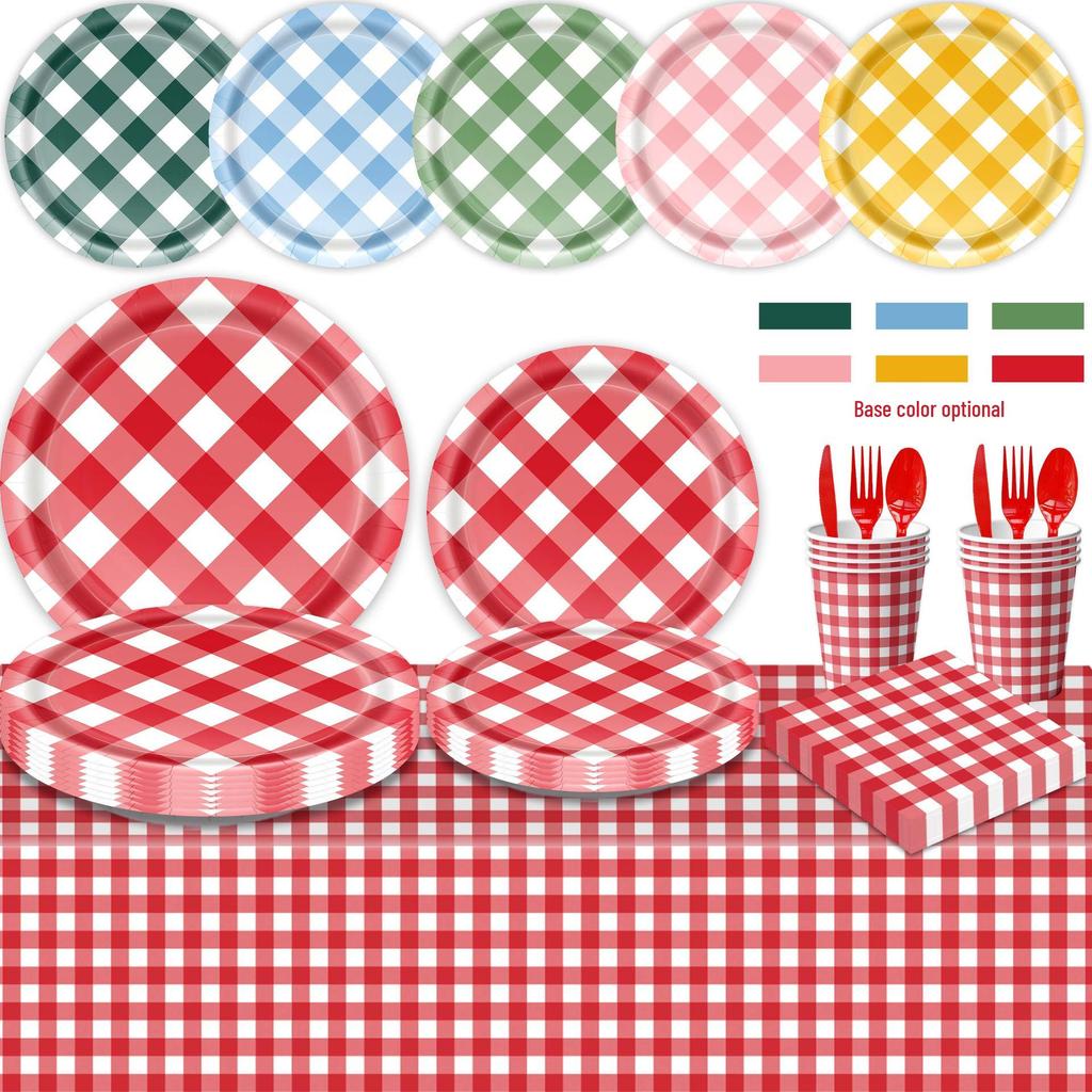 Colorful Plaid Retro Dining Plate Tablecloth for Outdoor Camping & First Birthday Party