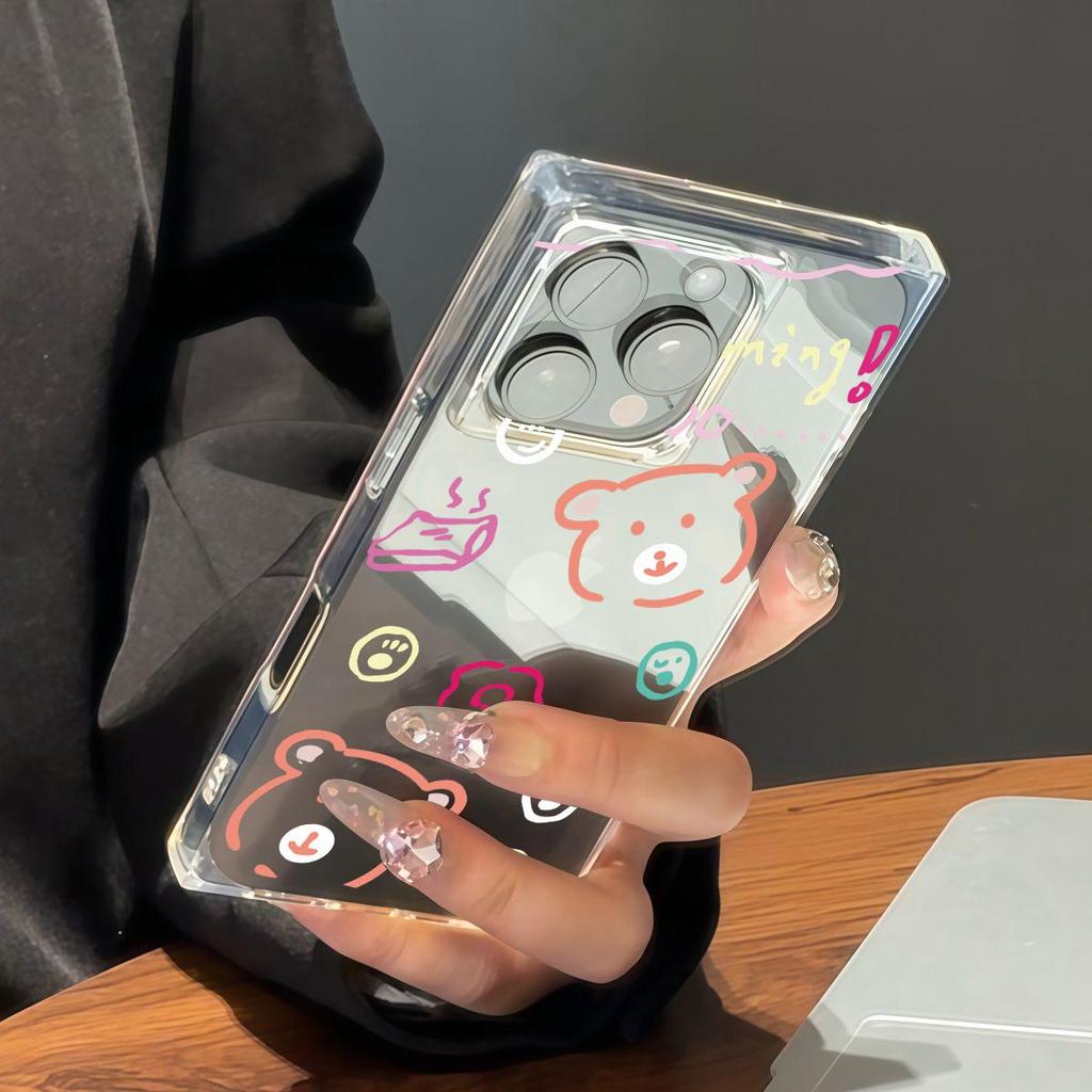 Clear Square Back Tube Case Protection For iPhone 11 13 16 ProMax 12 15 Plus 14 Pro Max Anti-Oxygen,Line Bear Pattern Casing