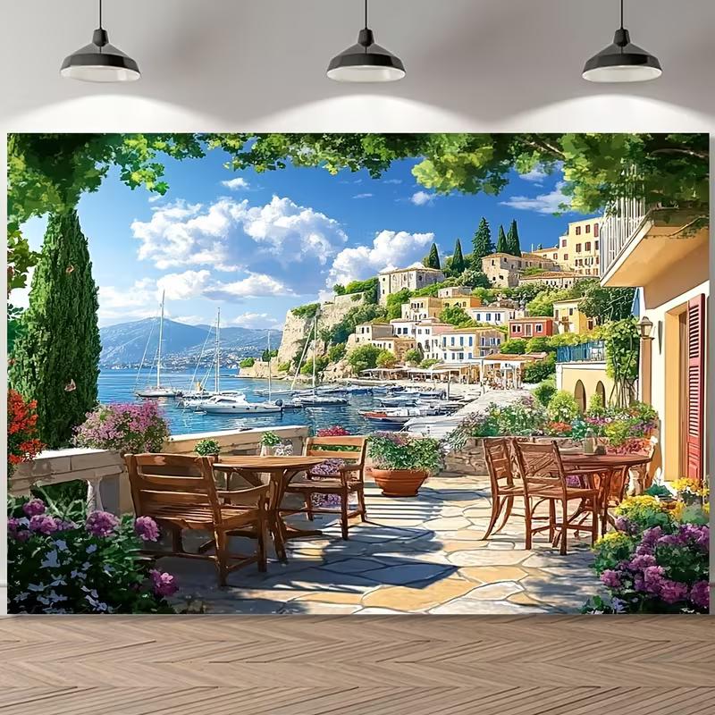 2D Mediterranean Seaside Backdrop for Summer Vacation Photoshoot