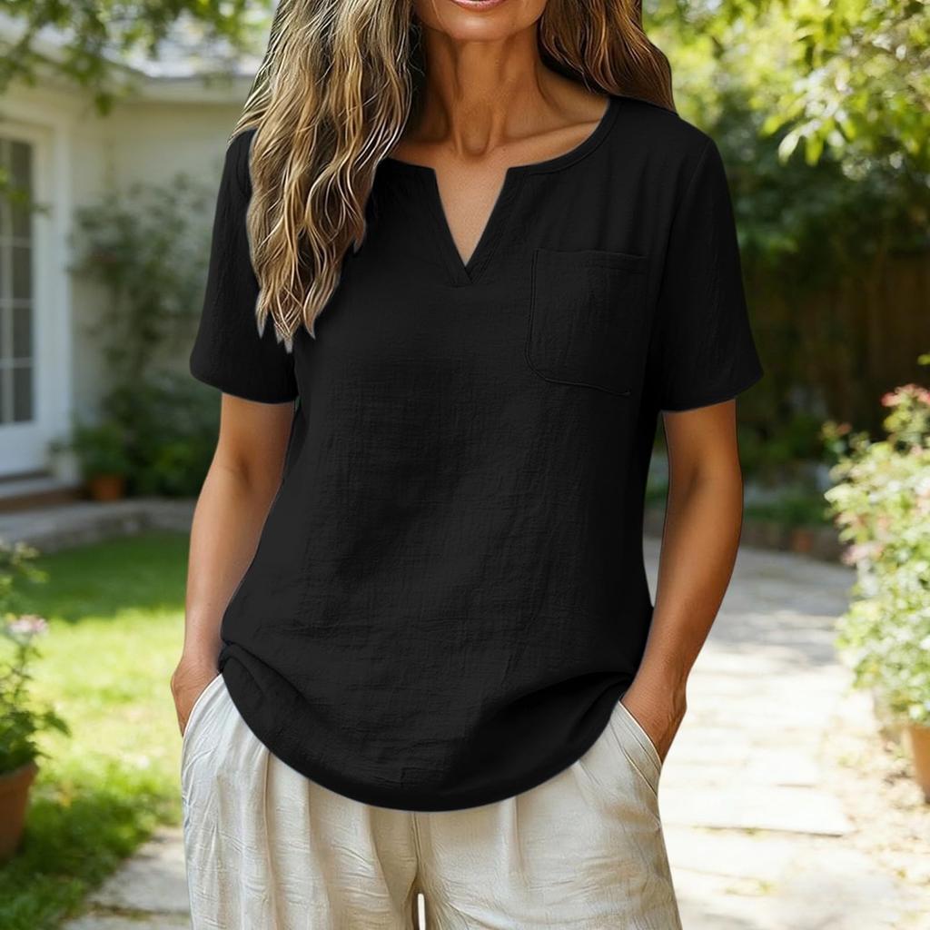 Women's Loose-Fit Fashionable Cotton-Linen -Color V-Neck Casual Top