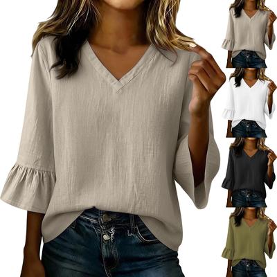 Women Casual V Neck 3/4 Sleeve Ruffle Blouse Lightweight Loose Fit Top for Everyday Wear and Office Use