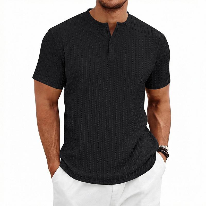 Men's Heavyweight Jacquard Stretch Short Sleeve Henley T-Shirt.