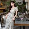 High Quality Korean Summer Muse Fan Polka Dot V-Neck French Splicing Gentle Wind Lace-up Elegant Long Dress
