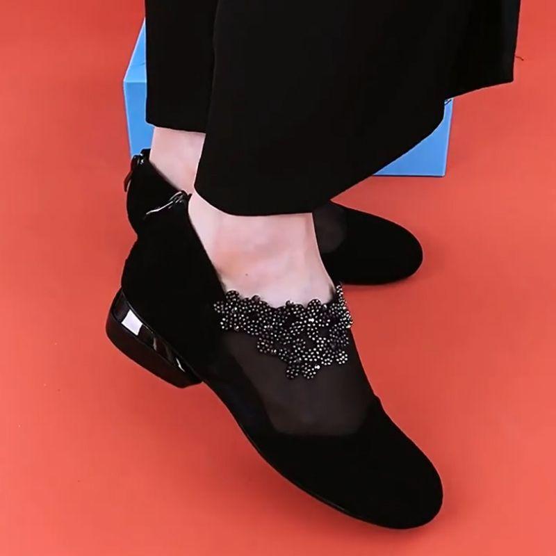 

Женские туфли-лодочки 2025 весна-лето новые на молнии дышащие со стразами цветок толстый каблук универсальные низкий каблук матовая сумка носок женская обувь 40 чёрный