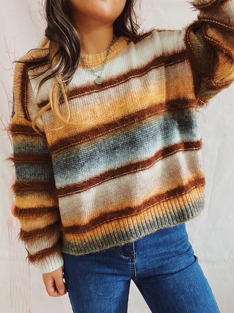 Autumn and winter loose gradient color striped imitation mink knitted round neck long sleeved pullover sweater for women 3557 KTB