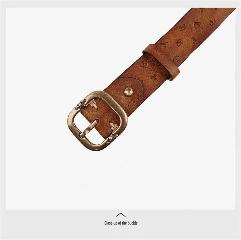 Unisex Handmade Retro Genuine Leather Belt with Solid Copper Pin Buckle