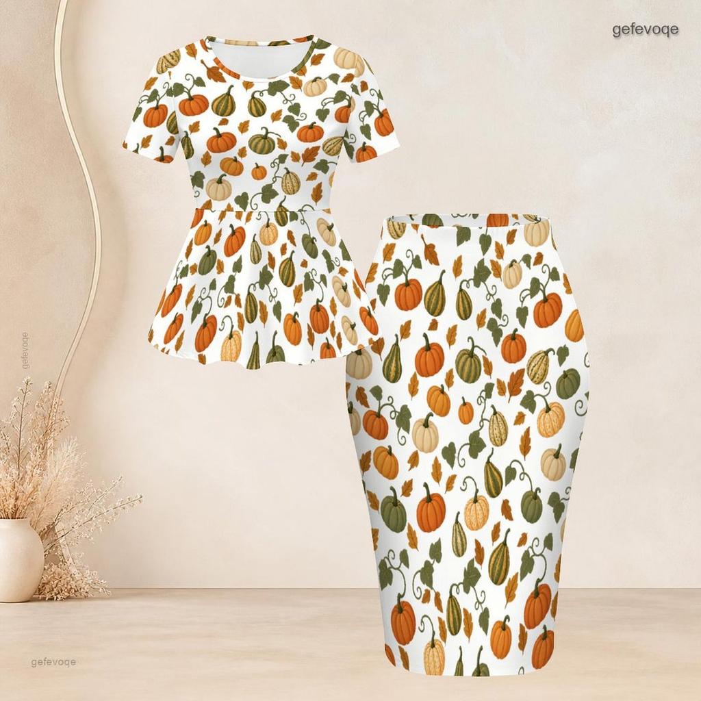 Women Plus Size White Short Sleeve Round Neck Halloween Print Peplum Top And Pencil Skirt Set