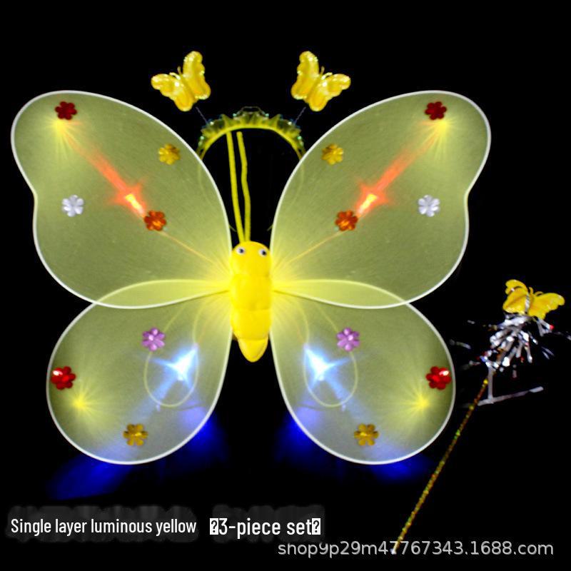 Children's Glow Angel Costume: Girl's Gauze Skirt with Flashing Wings and 20-Light Butterfly Design, 3-Piece Set.